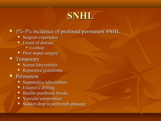 SNHL
   1%-3% incidence of profound permanent SNHL
       Surgeon experience
       Extent of disease
            Cochlear
       Prior stapes surgery
   Temporary
       Serous labyrinthitis
       Reparative granuloma
   Permanent
       Suppurative labyrinthitis
       Extensive drilling
       Basilar membrane breaks
       Vascular compromise
       Sudden drop in perilymph pressure
 
