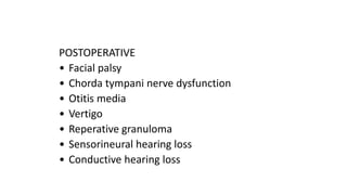 POSTOPERATIVE
• Facial palsy
• Chorda tympani nerve dysfunction
• Otitis media
• Vertigo
• Reperative granuloma
• Sensorineural hearing loss
• Conductive hearing loss
 