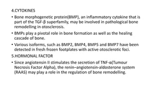 4.CYTOKINES
• Bone morphogenetic protein(BMP), an inflammatory cytokine that is
part of the TGF-β superfamily, may be involved in pathological bone
remodelling in otosclerosis.
• BMPs play a pivotal role in bone formation as well as the healing
cascade of bone.
• Various isoforms, such as BMP2, BMP4, BMP5 and BMP7 have been
detected in fresh frozen footplates with active otosclerotic foci.
5.HORMONAL FACTOR
• Since angiotensin II stimulates the secretion of TNF-α(Tumour
Necrosis Factor Alpha), the renin–angiotensin-aldosterone system
(RAAS) may play a role in the regulation of bone remodelling.
 
