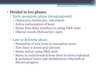 • Divided in two phases:
▫ Early spongiotic phase (otospongiosis)
 Osteocytes, histiocytes, osteoclasts
 Active reabsorption of bone
 Stains blue (blue mantles) on using H&E stain
 Dilated vessels (Schwartze’s sign)
▫ Late or Sclerotic phase
 Formation of new bone in resorption areas
 New bone is dense and sclerotic
 Stains red on using H&E stain
 Starts in endochondral bone then involves endosteal
& periosteal layers and membranous labyrinth as
disease progress
9
 