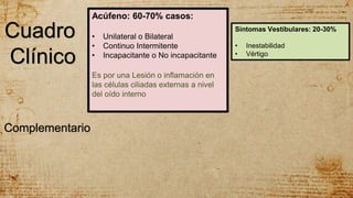 Cuadro
Clínico
Acúfeno: 60-70% casos:
• Unilateral o Bilateral
• Continuo Intermitente
• Incapacitante o No incapacitante
Es por una Lesión o inflamación en
las células ciliadas externas a nivel
del oído interno
Síntomas Vestibulares: 20-30%
• Inestabilidad
• Vértigo
Complementario
 
