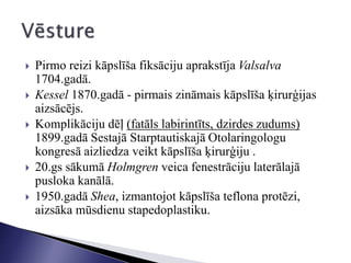  Pirmo reizi kāpslīša fiksāciju aprakstīja Valsalva
1704.gadā.
 Kessel 1870.gadā - pirmais zināmais kāpslīša ķirurģijas
aizsācējs.
 Komplikāciju dēļ (fatāls labirintīts, dzirdes zudums)
1899.gadā Sestajā Starptautiskajā Otolaringologu
kongresā aizliedza veikt kāpslīša ķirurģiju .
 20.gs sākumā Holmgren veica fenestrāciju laterālajā
pusloka kanālā.
 1950.gadā Shea, izmantojot kāpslīša teflona protēzi,
aizsāka mūsdienu stapedoplastiku.
 