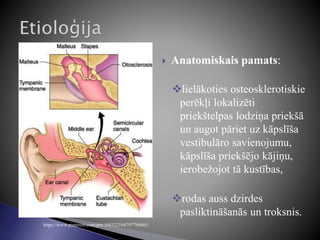 Anatomiskais pamats:
lielākoties osteosklerotiskie
perēkļi lokalizēti
priekštelpas lodziņa priekšā
un augot pāriet uz kāpslīša
vestibulāro savienojumu,
kāpslīša priekšējo kājiņu,
ierobežojot tā kustības,
rodas auss dzirdes
pasliktināšanās un troksnis.
https://www.pinterest.com/pin/168322104797796861/
 