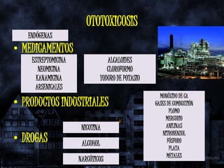 OTOTOXICOSIS
   ENDÓGENAS
• MEDICAMENTOS
    ESTREPTOMICINA              ALCALOIDES
       NEOMICINA                CLOROFORMO
      KANAMICINA             YODURO DE POTASIO
     ARSENICALES
                                                   MONÓXIDO DE CA
• PRODUCTOS INDUSTRIALES                         GASES DE COMBUSTIÓN
                                                        PLOMO
                                                      MERCURIO
                      NICOTINA                         ANILINAS
                                                     NITROBENZOL
• DROGAS              ALCOHOL                          FÓSFORO
                                                        PLATA
                                                       METALES
                     NARCÓTICOS
 