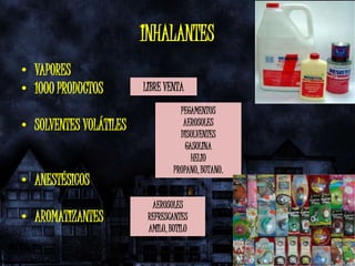 INHALANTES
• VAPORES
• 1000 PRODUCTOS        LIBRE VENTA
                                   PEGAMENTOS
• SOLVENTES VOLÁTILES               AEROSOLES
                                   DISOLVENTES
                                     GASOLINA
                                       HELIO
                                 PROPANO, BUTANO.
• ANESTÉSICOS
                          AEROSOLES
• AROMATIZANTES          REFRESCANTES
                         AMILO, BUTILO
 