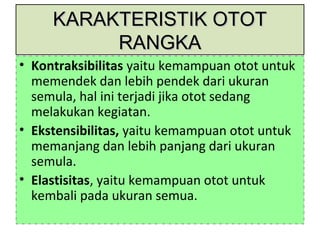 KARAKTERISTIK OTOTKARAKTERISTIK OTOT
RANGKARANGKA
• Kontraksibilitas yaitu kemampuan otot untuk
memendek dan lebih pendek dari ukuran
semula, hal ini terjadi jika otot sedang
melakukan kegiatan.
• Ekstensibilitas, yaitu kemampuan otot untuk
memanjang dan lebih panjang dari ukuran
semula.
• Elastisitas, yaitu kemampuan otot untuk
kembali pada ukuran semua.
 