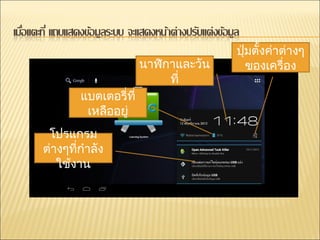 ปุ่มตั้งค่าต่างๆ
                       นาฬิกาและวัน      ของเครื่อง
                            ที่
        แบตเตอรี่ที่
         เหลืออยู่
 โปรแกรม
ต่างๆทีกำาลัง
       ่
   ใช้งาน
 