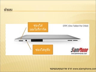 ช่องใส่
เมมโมรี่การ์ด




    ช่องใส่หูฟง
              ั




                ขอขอบคุณภาพ จาก www.siamphone.com
 