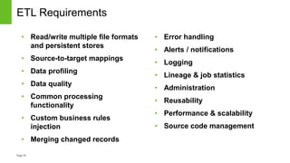 Page19
ETL Requirements
• Error handling
• Alerts / notifications
• Logging
• Lineage & job statistics
• Administration
• ...