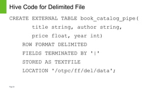 Page25
Hive Code for Delimited File
CREATE EXTERNAL TABLE book_catalog_pipe(
title string, author string,
price float, yea...