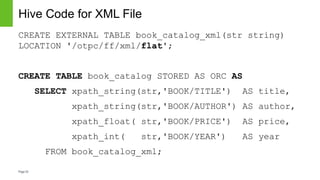 Page33
Hive Code for XML File
CREATE EXTERNAL TABLE book_catalog_xml(str string)
LOCATION '/otpc/ff/xml/flat';
CREATE TABL...
