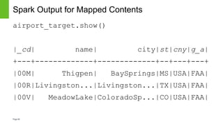 Page50
Spark Output for Mapped Contents
airport_target.show()
|_cd| name| city|st|cny|g_a|
+---+-------------+------------...