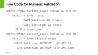 Page55
Hive Code for Numeric Validation
CREATE TABLE airport_stage STORED AS ORC AS
SELECT airport_code,
CAST(latitude AS ...