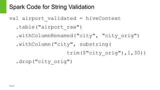 Page60
Spark Code for String Validation
val airport_validated = hiveContext
.table("airport_raw")
.withColumnRenamed("city...