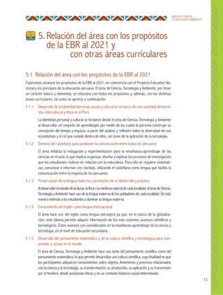 13
ÁREA DE CIENCIA,
TECNOLOGÍA Y AMBIENTE
5. Relación del área con los propósitos
de la EBR al 2021 y
con otras áreas curriculares
5.1 Relación del área con los propósitos de la EBR al 2021
Esperamos alcanzar los propósitos de la EBR al 2021, en coherencia con el Proyecto Educativo Na-
cional y los principios de la educación peruana. El área de Ciencia, Tecnología y Ambiente, por tener
un carácter básico y elemental, se relaciona con todos los propósitos y, además, con las distintas
áreas curriculares, tal como se aprecia a continuación:
5.1.1 Desarrollo de la identidad personal, social y cultural en el marco de una sociedad democrá-
tica, intercultural y ética en el Perú
La identidad personal y cultural se fortalece desde el área de Ciencia, Tecnología y Ambiente
al desarrollar un conjunto de aprendizajes por medio de los cuales la persona construye su
concepción del tiempo y espacio, a partir del análisis y reflexión sobre la diversidad de sus
ecosistemas y el rol que cumple dentro de ellos, así como de la aplicación de la tecnología.
5.1.2 Dominio del castellano para promover la comunicación entre todos los peruanos
El área enfatiza la indagación y experimentación para la enseñanza-aprendizaje de las
ciencias en el aula, lo que implica organizar, diseñar y explicar los procesos de investigación
que los estudiantes realicen en relación con la naturaleza. Para ello se requiere sistemati-
zar, comunicar e informar con claridad, utilizando el castellano como lengua que facilita la
comunicación entre la mayoría de los peruanos.
5.1.3 Preservación de la lengua materna y promoción de su desarrollo y práctica
Aldesarrollarelestudiodelafauna,lafloraolamedicinanaturaldecadalocalidad,eláreadeCiencia,
Tecnología y Ambiente hace uso de la lengua materna de los pobladores de cada localidad. De esta
manera estimula a los estudiantes a dominar su lengua materna.
5.1.4 Conocimiento del inglés como lengua internacional
El área hace uso del inglés como lengua extranjera ya que, en el marco de la globaliza-
ción, este idioma permite adquirir información de los más recientes avances científicos y
tecnológicos. Estos avances son considerados en la enseñanza-aprendizaje de la ciencia y
tecnología, en el nivel de educación secundaria.
5.1.5 Desarrollo del pensamiento matemático y de la cultura científica y tecnológica para com-
prender y actuar en el mundo
El área de Ciencia, Tecnología y Ambiente hace uso tanto del pensamiento científico como del
pensamiento matemático, lo que permite desarrollar una cultura científica, cuya finalidad es que
los participantes adquieran conocimientos sobre objetos, fenómenos y procesos relacionados
con la ciencia y la tecnología, su transformación, su producción, su aplicación y su transmisión
por el hombre, desde posiciones éticas y en un contexto histórico-social determinado.
 