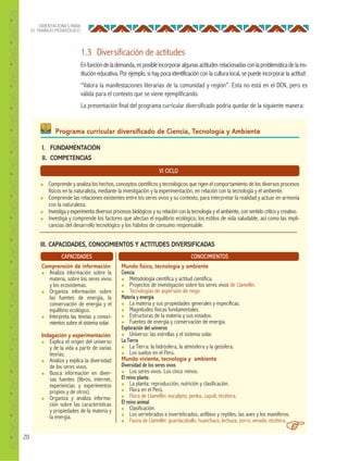 20
ORIENTACIONES PARA
EL TRABAJO PEDAGÓGICO
I. FUNDAMENTACIÓN
II. COMPETENCIAS
● Comprende y analiza los hechos, conceptos científicos y tecnológicos que rigen el comportamiento de los diversos procesos
físicos en la naturaleza, mediante la investigación y la experimentación, en relación con la tecnología y el ambiente.
● Comprende las relaciones existentes entre los seres vivos y su contexto, para interpretar la realidad y actuar en armonía
con la naturaleza.
● Investiga y experimenta diversos procesos biológicos y su relación con la tecnología y el ambiente, con sentido crítico y creativo.
● Investiga y comprende los factores que afectan el equilibrio ecológico, los estilos de vida saludable, así como las impli-
cancias del desarrollo tecnológico y los hábitos de consumo responsable.
VI CICLO
Programa curricular diversiﬁcado de Ciencia, Tecnología y Ambiente
1.3 Diversificación de actitudes
Enfuncióndelademanda,esposibleincorporaralgunasactitudesrelacionadasconlaproblemáticadelains-
titución educativa. Por ejemplo, si hay poca identificación con la cultura local, se puede incorporar la actitud:
“Valora la manifestaciones literarias de la comunidad y región”. Esta no está en el DCN, pero es
válida para el contexto que se viene ejemplificando.
La presentación final del programa curricular diversificado podría quedar de la siguiente manera:
III. CAPACIDADES, CONOCIMIENTOS Y ACTITUDES DIVERSIFICADAS
CAPACIDADES
Comprensión de información
● Analiza información sobre la
materia, sobre los seres vivos
y los ecosistemas.
● Organiza información sobre
las fuentes de energía, la
conservación de energía y el
equilibrio ecológico.
● Interpreta las teorías y conoci-
mientos sobre el sistema solar.
Indagación y experimentación
● Explica el origen del universo
y de la vida a partir de varias
teorías.
● Analiza y explica la diversidad
de los seres vivos.
● Busca información en diver-
sas fuentes (libros, internet,
experiencias y experimentos
propios y de otros).
● Organiza y analiza informa-
ción sobre las características
y propiedades de la materia y
la energía.
CONOCIMIENTOS
Mundo físico, tecnología y ambiente
Ciencia
● Metodología científica y actitud científica.
● Proyectos de investigación sobre los seres vivos de Llamellín.
● Tecnologías de aspersión de riego.
Materia y energía
● La materia y sus propiedades generales y específicas.
● Magnitudes físicas fundamentales.
● Estructuras de la materia y sus estados.
● Fuentes de energía y conservación de energía.
Exploración del universo
● Universo: las estrellas y el sistema solar.
La Tierra
● La Tierra: la hidrósfera, la atmósfera y la geósfera.
● Los suelos en el Perú.
Mundo viviente, tecnología y ambiente
Diversidad de los seres vivos
● Los seres vivos. Los cinco reinos.
El reino planta
● La planta: reproducción, nutrición y clasificación.
● Flora en el Perú.
● Flora de Llamellín: eucalipto, penka, capulí, etcétera.
El reino animal
● Clasificación.
● Los vertebrados e invertebrados, anfibios y reptiles, las aves y los mamíferos.
● Fauna de Llamellín: guardacaballo, huanchaco, lechuza, zorro, venado, etcétera.
 