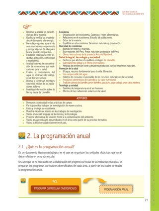 21
ÁREA DE CIENCIA,
TECNOLOGÍA Y AMBIENTE
● Observa y analiza las caracte-
rísticas de la materia.
● Clasifica y verifica las propieda-
des de la materia y la energía.
● Formula preguntas a partir de
una observación o experiencia
y escoge algunas de ellas para
buscar posibles respuestas.
● Establece relaciones entre in-
dividuo, población, comunidad
y ecosistema.
● Analiza factores de contamina-
ción de su entorno y sus impli-
caciones para la salud.
● Evalúa la importancia del
agua en el desarrollo biológi-
co de los seres vivos.
● Diseña y construye montajes
sobre los efectos de las radia-
ciones solares.
● Investiga información sobre la
flora y fauna de Llamellín.
● Demuestra curiosidad en las prácticas de campo.
● Participa en los trabajos de investigación de manera activa.
● Cuida y protege su ecosistema.
● Muestra iniciativa e interés en los trabajos de investigación.
● Valora el uso del lenguaje de la ciencia y la tecnología.
● Propone alternativa de solución frente a la contaminación del ambiente.
● Valora los aprendizajes desarrollados en el área como parte de su proceso formativo.
● Valora la biodiversidad existente en el país.
ACTITUDES
Ecosistema
● Organización del ecosistema. Cadenas y redes alimentarias.
● Relaciones en el ecosistema. Estudio de poblaciones.
● Ciclos de la materia.
● Equilibrio en el ecosistema. Desastres naturales y prevención.
Diversidad de ecosistemas
● Biomas terrestres y marinas.
● Ecorregiones del Perú. Áreas naturales protegidas del Perú.
● Clima y microclimas de la provincia Antonio Raimondi.
Salud integral, tecnología y sociedad
● Factores que afectan el equilibrio ecológico de Llamellín.
● Calentamiento global y el efecto invernadero.
● Medidas de prevención contra desastres producidos por los fenómenos naturales.
Promoción de la salud
● El agua, recurso fundamental para la vida. Cloración.
● Uso responsable del agua.
● Hábitos de consumo responsable de los recursos naturales en la sociedad.
● Productos alimenticios de Llamellín y su valor nutricional.
● TradiciónculinariadeLlamellín:jamónllamellino,jacapichu,papacashqui,umancaldo,etcétera.
Tecnología y sociedad.
● Cambios de temperatura en el ser humano.
● Efectos de las radiaciones solares en la salud.
2.1 ¿Qué es la programación anual?
Es un documento técnico-pedagógico en el que se organizan las unidades didácticas que serán
desarrolladas en un grado escolar.
Una vez que se ha concluido con la elaboración del proyecto curricular de la institución educativa, se
preparan los programas curriculares diversificados de cada área, a partir de los cuales se realiza
la programación anual.
2. La programación anual
PROGRAMACIÓN ANUALPROGRAMA CURRICULAR DIVERSIFICADO
PCI
 