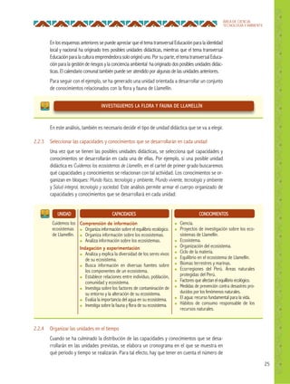 25
ÁREA DE CIENCIA,
TECNOLOGÍA Y AMBIENTE
En los esquemas anteriores se puede apreciar que el tema transversal Educación para la identidad
local y nacional ha originado tres posibles unidades didácticas, mientras que el tema transversal
Educaciónpara la cultura emprendedora solo originó uno. Por suparte, eltema transversalEduca-
ción para la gestión de riesgos y la conciencia ambiental ha originado dos posibles unidades didác-
ticas. El calendario comunal también puede ser atendido por algunas de las unidades anteriores.
Para seguir con el ejemplo, se ha generado una unidad orientada a desarrollar un conjunto
de conocimientos relacionados con la flora y fauna de Llamellín.
En este análisis, también es necesario decidir el tipo de unidad didáctica que se va a elegir.
2.2.3 Seleccionar las capacidades y conocimientos que se desarrollarán en cada unidad
Una vez que se tienen las posibles unidades didácticas, se selecciona qué capacidades y
conocimientos se desarrollarán en cada una de ellas. Por ejemplo, si una posible unidad
didáctica es Cuidemos los ecosistemas de Llamellín, en el cartel de primer grado buscaremos
qué capacidades y conocimientos se relacionan con tal actividad. Los conocimientos se or-
ganizan en bloques: Mundo físico, tecnología y ambiente, Mundo viviente, tecnología y ambiente
y Salud integral, tecnología y sociedad. Este análisis permite armar el cuerpo organizado de
capacidades y conocimientos que se desarrollará en cada unidad:
INVESTIGUEMOS LA FLORA Y FAUNA DE LLAMELLÍN
Cuidemos los
ecosistemas
de Llamellín.
CAPACIDADES
Comprensión de información
● Organiza información sobre el equilibrio ecológico.
● Organiza información sobre los ecosistemas.
● Analiza información sobre los ecosistemas.
Indagación y experimentación
● Analiza y explica la diversidad de los seres vivos
de su ecosistema.
● Busca información en diversas fuentes sobre
los componentes de un ecosistema.
● Establece relaciones entre individuo, población,
comunidad y ecosistema.
● Investiga sobre los factores de contaminación de
su entorno y la alteración de su ecosistema.
● Evalúa la importancia del agua en su ecosistema.
● Investiga sobre la fauna y flora de su ecosistema.
UNIDAD
● Ciencia.
● Proyectos de investigación sobre los eco-
sistemas de Llamellín.
● Ecosistema.
● Organización del ecosistema.
● Ciclo de la materia.
● Equilibrio en el ecosistema de Llamellín.
● Biomas terrestres y marinas.
● Ecorregiones del Perú. Áreas naturales
protegidas del Perú.
● Factores que afectan el equilibrio ecológico.
● Medidas de prevención contra desastres pro-
ducidos por los fenómenos naturales.
● El agua: recurso fundamental para la vida.
● Hábitos de consumo responsable de los
recursos naturales.
CONOCIMIENTOS
2.2.4 Organizar las unidades en el tiempo
Cuando se ha culminado la distribución de las capacidades y conocimientos que se desa-
rrollarán en las unidades previstas, se elabora un cronograma en el que se muestra en
qué periodo y tiempo se realizarán. Para tal efecto, hay que tener en cuenta el número de
 