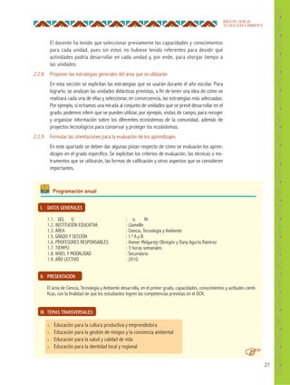27
ÁREA DE CIENCIA,
TECNOLOGÍA Y AMBIENTE
El docente ha tenido que seleccionar previamente las capacidades y conocimientos
para cada unidad, pues sin estos no hubiese tenido referentes para decidir qué
actividades podría desarrollar en cada unidad y, por ende, para otorgar tiempo a
las unidades.
2.2.8 Proponer las estrategias generales del área que se utilizarán
En esta sección se explicitan las estrategias que se usarán durante el año escolar. Para
lograrlo, se analizan las unidades didácticas previstas, a fin de tener una idea de cómo se
realizará cada una de ellas y seleccionar, en consecuencia, las estrategias más adecuadas.
Por ejemplo, si echamos una mirada al conjunto de unidades que se prevé desarrollar en el
grado, podemos inferir que se pueden utilizar, por ejemplo, visitas de campo, para recoger
y organizar información sobre los diferentes ecosistemas de la comunidad, además de
proyectos tecnológicos para conservar y proteger los ecosistemas.
2.2.9 Formular las orientaciones para la evaluación de los aprendizajes
En este apartado se deben dar algunas pistas respecto de cómo se evaluarán los apren-
dizajes en el grado específico. Se explicitan los criterios de evaluación, las técnicas o ins-
trumentos que se utilizarán, las formas de calificación y otros aspectos que se consideren
importantes.
I. DATOS GENERALES
1.1. UGEL : Nro.
1.2. INSTITUCIÓN EDUCATIVA : Llamellín
1.3. ÁREA : Ciencia, Tecnología y Ambiente
1.5. GRADO Y SECCIÓN : 1.º A y B
1.6. PROFESORES RESPONSABLES : Homer Melgarejo Obregón y Dany Agurto Ramirez
1.7. TIEMPO : 3 horas semanales
1.8. NIVEL Y MODALIDAD : Secundaria
1.9. AÑO LECTIVO : 2010
II. PRESENTACIÓN
El área de Ciencia, Tecnología y Ambiente desarrolla, en el primer grado, capacidades, conocimientos y actitudes cientí-
ficas, con la finalidad de que los estudiantes logren las competencias previstas en el DCN.
III. TEMAS TRANSVERSALES:
● Educación para la cultura productiva y emprendedora
● Educación para la gestión de riesgos y la conciencia ambiental
● Educación para la salud y calidad de vida
● Educación para la identidad local y regional
Programación anual
 