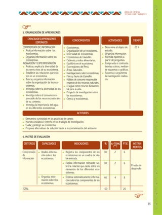 35
ÁREA DE CIENCIA,
TECNOLOGÍA Y AMBIENTE
5. ORGANIZACIÓN DE APRENDIZAJES
6. MATRIZ DE EVALUACIÓN
CAPACIDADES/APRENDIZAJES
ESPERADOS
CONOCIMIENTOS
ACTITUDES
ACTIVIDADES TIEMPO
● Ecosistemas.
● Organización de un ecosistema.
● Diversidad de ecosistemas.
● Ecosistemas de Llamellín.
● Cadenas y redes alimentarias.
● Equilibrio en el ecosistema.
● Ecorregiones del Perú.
● Áreas naturales.
● Investigaciones sobre ecosistemas.
● Flora y fauna de Llamellín.
● Hábitos de consumo responsable
respecto de los recursos naturales.
● El agua como recurso fundamen-
tal para la vida.
● Proyecto de investigación sobre
los ecosistemas.
● Ciencia y ecosistemas.
COMPRENSIÓN DE INFORMACIÓN
● Analiza información sobre los
ecosistemas.
● Organiza información sobre los
ecosistemas.
INDAGACIÓN Y EXPERIMENTACIÓN
● Analiza y explica la diversidad de
los seres vivos de su ecosistema.
● Establece las relaciones que exis-
ten en un ecosistema.
● Busca y organiza información
sobre la organización de los eco-
sistemas.
● Investiga sobre la diversidad de los
ecosistemas.
● Investiga sobre el consumo res-
ponsable de los recursos naturales
de su contexto.
● Investiga la importancia del agua
en los diferentes ecosistemas.
● Determina el objeto de
estudio.
● Organiza información.
● Formula hipótesis a
partir de preguntas.
● Comprueba o contrasta
teorías u otros, median-
te esquemas o gráficos.
● Sustenta o argumenta
la investigación realiza-
da.
● Demuestra curiosidad en las prácticas de campo.
● Muestra iniciativa e interés en los trabajos de investigación.
● Cuida y protege su ecosistema.
● Propone alternativas de solución frente a la contaminación del ambiente.
20 h
CRITERIOS CAPACIDADES INDICADORES % N.o ÍTEMS
(**)
PTJE. INSTRU-
MENTOS
● Analiza informa-
ción sobre los
ecosistemas.
● Organiza infor-
mación sobre los
ecosistemas.
Comprensión
de
información
TOTAL
● Registra los componentes de los
ecosistemas en un cuadro de do-
ble entrada.
● Explica información relevante so-
bre la relación que existe entre los
elementos de los diferentes eco-
sistemas.
● Ordena sistemáticamente informa-
ción sobre los componentes de los
ecosistemas.
30
30
40
100
2
2
4
6
6
8
20
Prueba de
desarrollo
 
