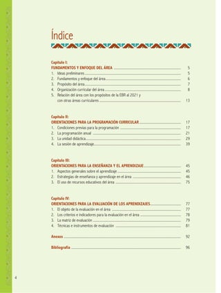 4
Índice
Capítulo I:
FUNDAMENTOS Y ENFOQUE DEL ÁREA .......................................................................... 5
1. Ideas preliminares.......................................................................................................... 5
2. Fundamentos y enfoque del área................................................................................... 6
3. Propósito del área.......................................................................................................... 7
4. Organización curricular del área.................................................................................... 8
5. Relación del área con los propósitos de la EBR al 2021 y
con otras áreas curriculares .......................................................................................... 13
Capítulo II:
ORIENTACIONES PARA LA PROGRAMACIÓN CURRICULAR.............................................. 17
1. Condiciones previas para la programación ................................................................... 17
2. La programación anual ................................................................................................. 21
3. La unidad didáctica......................................................................................................... 29
4. La sesión de aprendizaje................................................................................................ 39
Capítulo III:
ORIENTACIONES PARA LA ENSEÑANZA Y EL APRENDIZAJE......................................... 45
1. Aspectos generales sobre el aprendizaje ...................................................................... 45
2. Estrategias de enseñanza y aprendizaje en el área ..................................................... 46
3. El uso de recursos educativos del área ........................................................................ 75
Capítulo IV:
ORIENTACIONES PARA LA EVALUACIÓN DE LOS APRENDIZAJES.................................. 77
1. El objeto de la evaluación en el área ............................................................................ 77
2. Los criterios e indicadores para la evaluación en el área ............................................. 78
3. La matriz de evaluación ................................................................................................. 79
4. Técnicas e instrumentos de evaluación ........................................................................ 81
Anexos ................................................................................................................................. 92
Bibliografía ......................................................................................................................... 96
 