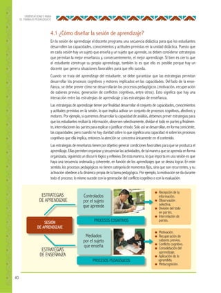 40
ORIENTACIONES PARA
EL TRABAJO PEDAGÓGICO
4.1 ¿Cómo diseñar la sesión de aprendizaje?
En la sesión de aprendizaje el docente programa una secuencia didáctica para que los estudiantes
desarrollen las capacidades, conocimientos y actitudes previstas en la unidad didáctica. Puesto que
en cada sesión hay un sujeto que enseña y un sujeto que aprende, se deben considerar estrategias
que permitan la mejor enseñanza y, consecuentemente, el mejor aprendizaje. Si bien es cierto que
el estudiante construye su propio aprendizaje, también lo es que ello es posible porque hay un
docente que genera situaciones favorables para que ello suceda.
Cuando se trata del aprendizaje del estudiante, se debe garantizar que las estrategias permitan
desarrollar los procesos cognitivos y motores implicados en las capacidades. Del lado de la ense-
ñanza, se debe prever cómo se desarrollarán los procesos pedagógicos (motivación, recuperación
de saberes previos, generación de conflictos cognitivos, entre otros). Esto significa que hay una
interacción entre las estrategias de aprendizaje y las estrategias de enseñanza.
Las estrategias de aprendizaje tienen por finalidad desarrollar el conjunto de capacidades, conocimientos
y actitudes previstas en la sesión, lo que implica activar un conjunto de procesos cognitivos, afectivos y
motores. Por ejemplo, si queremos desarrollar la capacidad de análisis, debemos prever estrategias para
que los estudiantes reciban la información, observen selectivamente, dividan el todo en partes y, finalmen-
te, interrelacionen las partes para explicar o justificar el todo. Solo así se desarrollan, en forma consciente,
las capacidades; pero cuando no hay claridad sobre lo que significa una capacidad ni sobre los procesos
cognitivos que ella implica, entonces la atención se concentra únicamente en el contenido.
Las estrategias de enseñanza tienen por objetivo generar condiciones favorables para que se produzca el
aprendizaje. Ellas permiten organizar y secuenciar las actividades, de tal manera que se aprenda en forma
organizada, siguiendo un discurrir lógico y reflexivo. De esta manera, lo que importa en una sesión es que
haya una secuencia ordenada y coherente, en función de los aprendizajes que se desea lograr. En este
sentido, los procesos pedagógicos no tienen categoría de momentos fijos, sino que son recurrentes, y su
activación obedece a la dinámica propia de la tarea pedagógica. Por ejemplo, la motivación se da durante
todo el proceso; lo mismo sucede con la generación del conflicto cognitivo o con la evaluación.
Controlados
por el sujeto
que aprende
ESTRATEGIAS
DE APRENDIZAJE
ESTRATEGIAS
DE ENSEÑANZA
Mediados
por el sujeto
que enseña
PROCESOS COGNITIVOS
PROCESOS PEDAGÓGICOS
SESIÓN
DE APRENDIZAJE
ESTRATEGIAS
● Recepción de la
información.
● Observación
selectiva.
● División del todo
en partes.
● Interrelación de
partes.
● Motivación.
● Recuperación de
saberes previos.
● Conflicto cognitivo.
● Consolidación del
aprendizaje.
● Aplicación de lo
aprendido.
● Metacognición.
 
 
 