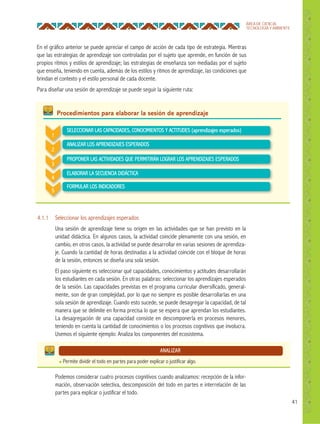 41
ÁREA DE CIENCIA,
TECNOLOGÍA Y AMBIENTE
En el gráfico anterior se puede apreciar el campo de acción de cada tipo de estrategia. Mientras
que las estrategias de aprendizaje son controladas por el sujeto que aprende, en función de sus
propios ritmos y estilos de aprendizaje; las estrategias de enseñanza son mediadas por el sujeto
que enseña, teniendo en cuenta, además de los estilos y ritmos de aprendizaje, las condiciones que
brindan el contexto y el estilo personal de cada docente.
Para diseñar una sesión de aprendizaje se puede seguir la siguiente ruta:
Procedimientos para elaborar la sesión de aprendizaje
SELECCIONAR LAS CAPACIDADES, CONOCIMIENTOS Y ACTITUDES (aprendizajes esperados)
ANALIZAR LOS APRENDIZAJES ESPERADOS
PROPONER LAS ACTIVIDADES QUE PERMITIRÁN LOGRAR LOS APRENDIZAJES ESPERADOS
ELABORAR LA SECUENCIA DIDÁCTICA
FORMULAR LOS INDICADORES
2
1
3
4
5
4.1.1 Seleccionar los aprendizajes esperados
Una sesión de aprendizaje tiene su origen en las actividades que se han previsto en la
unidad didáctica. En algunos casos, la actividad coincide plenamente con una sesión, en
cambio, en otros casos, la actividad se puede desarrollar en varias sesiones de aprendiza-
je. Cuando la cantidad de horas destinadas a la actividad coincide con el bloque de horas
de la sesión, entonces se diseña una sola sesión.
El paso siguiente es seleccionar qué capacidades, conocimientos y actitudes desarrollarán
los estudiantes en cada sesión. En otras palabras: seleccionar los aprendizajes esperados
de la sesión. Las capacidades previstas en el programa curricular diversificado, general-
mente, son de gran complejidad, por lo que no siempre es posible desarrollarlas en una
sola sesión de aprendizaje. Cuando esto sucede, se puede desagregar la capacidad, de tal
manera que se delimite en forma precisa lo que se espera que aprendan los estudiantes.
La desagregación de una capacidad consiste en descomponerla en procesos menores,
teniendo en cuenta la cantidad de conocimientos o los procesos cognitivos que involucra.
Usemos el siguiente ejemplo: Analiza los componentes del ecosistema.
Podemos considerar cuatro procesos cognitivos cuando analizamos: recepción de la infor-
mación, observación selectiva, descomposición del todo en partes e interrelación de las
partes para explicar o justificar el todo.
ANALIZAR
● Permite dividir el todo en partes para poder explicar o justificar algo.
 