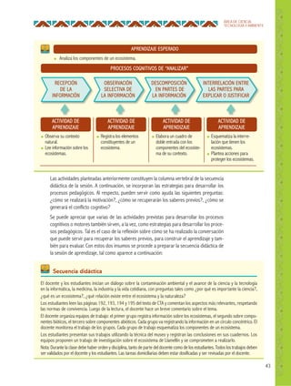 43
ÁREA DE CIENCIA,
TECNOLOGÍA Y AMBIENTE
APRENDIZAJE ESPERADO
● Analiza los componentes de un ecosistema.
PROCESOS COGNITIVOS DE “ANALIZAR”
RECEPCIÓN
DE LA
INFORMACIÓN
OBSERVACIÓN
SELECTIVA DE
LA INFORMACIÓN
DESCOMPOSICIÓN
EN PARTES DE
LA INFORMACIÓN
INTERRELACIÓN ENTRE
LAS PARTES PARA
EXPLICAR O JUSTIFICAR
Las actividades planteadas anteriormente constituyen la columna vertebral de la secuencia
didáctica de la sesión. A continuación, se incorporan las estrategias para desarrollar los
procesos pedagógicos. Al respecto, pueden servir como ayuda las siguientes preguntas:
¿cómo se realizará la motivación?, ¿cómo se recuperarán los saberes previos?, ¿cómo se
generará el conflicto cognitivo?
Se puede apreciar que varias de las actividades previstas para desarrollar los procesos
cognitivos o motores también sirven, a la vez, como estrategias para desarrollar los proce-
sos pedagógicos. Tal es el caso de la reflexión sobre cómo se ha realizado la conversación
que puede servir para recuperar los saberes previos, para construir el aprendizaje y tam-
bién para evaluar. Con estos dos insumos se procede a preparar la secuencia didáctica de
la sesión de aprendizaje, tal como aparece a continuación:
ACTIVIDAD DE
APRENDIZAJE
ACTIVIDAD DE
APRENDIZAJE
ACTIVIDAD DE
APRENDIZAJE
ACTIVIDAD DE
APRENDIZAJE
● Observa su contexto
natural.
● Lee información sobre los
ecosistemas.
● Registra los elementos
constituyentes de un
ecosistema.
● Elabora un cuadro de
doble entrada con los
componentes del ecosiste-
ma de su contexto.
● Esquematiza la interre-
lación que tienen los
ecosistemas.
● Plantea acciones para
proteger los ecosistemas.
El docente y los estudiantes inician un diálogo sobre la contaminación ambiental y el avance de la ciencia y la tecnología
en la informática, la medicina, la industria y la vida cotidiana, con preguntas tales como ¿por qué es importante la ciencia?,
¿qué es un ecosistema?, ¿qué relación existe entre el ecosistema y la naturaleza?
Los estudiantes leen las páginas 192, 193, 194 y 195 del texto de CTA y comentan los aspectos más relevantes, respetando
las normas de convivencia. Luego de la lectura, el docente hace un breve comentario sobre el tema.
El docente organiza equipos de trabajo: el primer grupo registra información sobre los ecosistemas, el segundo sobre compo-
nentes bióticos, el tercero sobre componentes abióticos. Cada grupo va registrando la información en un círculo concéntrico. El
docente monitorea el trabajo de los grupos. Cada grupo de trabajo esquematiza los componentes de un ecosistema.
Los estudiantes presentan sus trabajos utilizando la técnica del museo y registran las conclusiones en sus cuadernos. Los
equipos proponen un trabajo de investigación sobre el ecosistema de Llamellín y se comprometen a realizarlo.
Nota: Durante la clase debe haber orden y disciplina, tanto de parte del docente como de los estudiantes. Todos los trabajos deben
ser validados por el docente y los estudiantes. Las tareas domiciliarias deben estar dosificadas y ser revisadas por el docente.
Secuencia didáctica
 