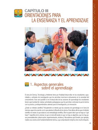 45
El área de Ciencia, Tecnología y Ambiente tiene por finalidad desarrollar en los estudiantes capa-
cidades y actitudes de investigación que les permitan insertarse activamente en la sociedad del
conocimiento. Esto será posible si en el desarrollo de las sesiones de aprendizaje los estudiantes
tienen oportunidad de realizar actividades pedagógicas que les permitan contrastar la parte teórica
con la práctica, predisponiéndolos además para la investigación y la innovación.
¿Existe un método científico? Actualmente se intenta que las sesiones de aprendizaje en el área de
ciencias vayan de acuerdo con lo que plantea la filosofía de la ciencia. Esta última afirma que el método
científico no existe; lo que existe es una metodología científica. Ello no quiere decir que no haya un “qué
hacer” específico de la ciencia, lo que se está afirmando es que no hay un algoritmo, que no hay pa-
sos preestablecidos (observación, experimentación, etcétera). Recordemos que Einstein, por ejemplo,
realizó una construcción fundamentalmente teórica, cuya comprobación empírica vino mucho después.
1. Aspectos generales
sobre el aprendizaje
CAPÍTULO III
ORIENTACIONES PARA
LA ENSEÑANZA Y EL APRENDIZAJE
 