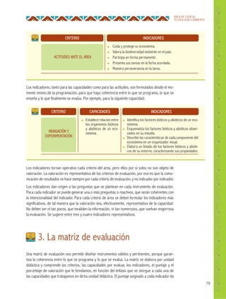 79
ÁREA DE CIENCIA,
TECNOLOGÍA Y AMBIENTE
Los indicadores, tanto para las capacidades como para las actitudes, son formulados desde el mo-
mento mismo de la programación, para que haya coherencia entre lo que se programa, lo que se
enseña y lo que finalmente se evalúa. Por ejemplo, para la siguiente capacidad:
Los indicadores tornan operativo cada criterio del área, pero ellos por sí solos no son objeto de
valoración. La valoración es representativa de los criterios de evaluación, por eso es que la comu-
nicación de resultados se hace siempre por cada criterio de evaluación, y no indicador por indicador.
Los indicadores dan origen a las preguntas que se plantean en cada instrumento de evaluación.
Para cada indicador se puede generar una o más preguntas o reactivos, que serán coherentes con
la intencionalidad del indicador. Para cada criterio de área se deben formular los indicadores más
significativos, de tal manera que la valoración sea, efectivamente, representativa de la capacidad.
No deben ser ni tan pocos, que invaliden la información, ni tan numerosos, que vuelvan engorrosa
la evaluación. Se sugiere entre tres y cuatro indicadores representativos.
CRITERIO
CRITERIO CAPACIDADES
INDICADORES
INDICADORES
● Cuida y protege su ecosistema.
● Valora la biodiversidad existente en el país.
● Participa en forma permanente.
● Presenta sus tareas en la fecha acordada.
● Muestra perseverancia en la tarea.
● Identifica los factores bióticos y abióticos de un eco-
sistema.
● Esquematiza los factores bióticos y abióticos obser-
vados en su estudio.
● Describe las características de cada componente del
ecosistema en un organizador visual.
● Elabora un listado de los factores bióticos y abióti-
cos de su entorno, caracterizando sus propiedades.
● Establece relación entre
los organismos bióticos
y abióticos de un eco-
sistema.
ACTITUDES ANTE EL ÁREA
INDAGACIÓN Y
EXPERIMENTACIÓN
Una matriz de evaluación nos permite diseñar instrumentos válidos y pertinentes, porque garan-
tiza la coherencia entre lo que se programa y lo que se evalúa. La matriz se elabora por unidad
didáctica y comprende los criterios, las capacidades por evaluar, los indicadores, el puntaje y el
porcentaje de valoración que le brindamos, en función del énfasis que se otorgue a cada una de
las capacidades que trabajamos en dicha unidad didáctica. El puntaje asignado a cada indicador da
3. La matriz de evaluación
 