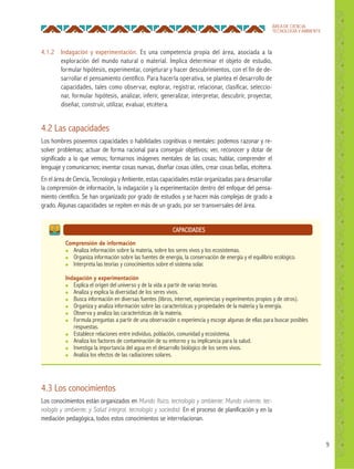 9
ÁREA DE CIENCIA,
TECNOLOGÍA Y AMBIENTE
4.1.2 Indagación y experimentación. Es una competencia propia del área, asociada a la
exploración del mundo natural o material. Implica determinar el objeto de estudio,
formular hipótesis, experimentar, conjeturar y hacer descubrimientos, con el fin de de-
sarrollar el pensamiento científico. Para hacerla operativa, se plantea el desarrollo de
capacidades, tales como observar, explorar, registrar, relacionar, clasificar, seleccio-
nar, formular hipótesis, analizar, inferir, generalizar, interpretar, descubrir, proyectar,
diseñar, construir, utilizar, evaluar, etcétera.
4.2 Las capacidades
Los hombres poseemos capacidades o habilidades cognitivas o mentales: podemos razonar y re-
solver problemas; actuar de forma racional para conseguir objetivos; ver, reconocer y dotar de
significado a lo que vemos; formarnos imágenes mentales de las cosas; hablar, comprender el
lenguaje y comunicarnos; inventar cosas nuevas, diseñar cosas útiles, crear cosas bellas, etcétera.
En el área de Ciencia, Tecnología y Ambiente, estas capacidades están organizadas para desarrollar
la comprensión de información, la indagación y la experimentación dentro del enfoque del pensa-
miento científico. Se han organizado por grado de estudios y se hacen más complejas de grado a
grado. Algunas capacidades se repiten en más de un grado, por ser transversales del área.
4.3 Los conocimientos
Los conocimientos están organizados en Mundo físico, tecnología y ambiente; Mundo viviente, tec-
nología y ambiente; y Salud integral, tecnología y sociedad. En el proceso de planificación y en la
mediación pedagógica, todos estos conocimientos se interrelacionan.
CAPACIDADES
Comprensión de información
● Analiza información sobre la materia, sobre los seres vivos y los ecosistemas.
● Organiza información sobre las fuentes de energía, la conservación de energía y el equilibrio ecológico.
● Interpreta las teorías y conocimientos sobre el sistema solar.
Indagación y experimentación
● Explica el origen del universo y de la vida a partir de varias teorías.
● Analiza y explica la diversidad de los seres vivos.
● Busca información en diversas fuentes (libros, internet, experiencias y experimentos propios y de otros).
● Organiza y analiza información sobre las características y propiedades de la materia y la energía.
● Observa y analiza las características de la materia.
● Formula preguntas a partir de una observación o experiencia y escoge algunas de ellas para buscar posibles
respuestas.
● Establece relaciones entre individuo, población, comunidad y ecosistema.
● Analiza los factores de contaminación de su entorno y su implicancia para la salud.
● Investiga la importancia del agua en el desarrollo biológico de los seres vivos.
● Analiza los efectos de las radiaciones solares.
 