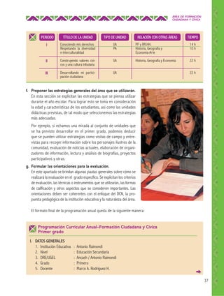 ÁREA DE FORMACIÓN
CIUDADANA Y CÍVICA

PERIODO

TÍTULO DE LA UNIDAD

TIPO DE UNIDAD

RELACIÓN CON OTRAS ÁREAS

TIEMPO

I

Conociendo mis derechos
Respetando la diversidad
e interculturalidad

UA
PA

PF y RR.HH.
Historia, Geografía y
Economía-Arte

14 h
10 h

II

Construyendo valores cívicos y una cultura tributaria

UA

Historia, Geografía y Economía

22 h

III

Desarrollando mi participación ciudadana

UA

22 h

f. Proponer las estrategias generales del área que se utilizarán.
En esta sección se explicitan las estrategias que se piensa utilizar
durante el año escolar. Para lograr esto se toma en consideración
la edad y características de los estudiantes, así como las unidades
didácticas previstas, de tal modo que seleccionemos las estrategias
más adecuadas.
Por ejemplo, si echamos una mirada al conjunto de unidades que
se ha previsto desarrollar en el primer grado, podemos deducir
que se pueden utilizar estrategias como visitas de campo y entrevistas para recoger información sobre los personajes ilustres de la
comunidad, evaluación de noticias actuales, elaboración de organizadores de información, lectura y análisis de biografías, proyectos
participativos y otras.
g. Formular las orientaciones para la evaluación.
En este apartado se brindan algunas pautas generales sobre cómo se
realizará la evaluación en el grado específico. Se explicitan los criterios
de evaluación, las técnicas o instrumentos que se utilizarán, las formas
de calificación y otros aspectos que se consideren importantes. Las
orientaciones deben ser coherentes con el enfoque del DCN, la propuesta pedagógica de la institución educativa y la naturaleza del área.
El formato final de la programación anual queda de la siguiente manera:

Programación Curricular Anual–Formación Ciudadana y Cívica
Primer grado
I. DATOS GENERALES
1. Institución Educativa
2. Nivel
3. DRE/UGEL
4. Grado
5. Docente

:
:
:
:
:

Antonio Raimondi
Educación Secundaria
Ancash / Antonio Raimondi
Primero
Marco A. Rodríguez H.
37

 