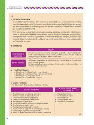 ORIENTACIONES PARA
EL TRABAJO PEDAGÓGICO

II. PRESENTACIÓN DEL ÁREA
El área de Formación Ciudadana y Cívica promueve en los estudiantes una formación personal autónoma,
comprometida y solidaria con los diversos entornos en los que se desenvuelve. La intención del área consiste,
por tanto, en la formación de ciudadanos y ciudadanas que sean capaces de dar respuestas a los problemas
que les plantea la vida en sociedad.
En el primer grado se desarrollarán competencias ciudadanas básicas que permitan a los estudiantes consolidar los aprendizajes relacionados con los derechos humanos, democracia, convivencia, interculturalidad y
las responsabilidades ciudadanas. Se pone énfasis en el desarrollo del ejercicio ciudadano, relacionado con la
protección del patrimonio cultural de la localidad, lo cual permite atender los temas transversales planteados
por la institución educativa.
III. COMPETENCIAS

CICLO VI
Construcción de la
cultura cívica

Ejercicio ciudadano

IV.

Se reconoce a sí mismo y a los demás como sujetos con derechos y responsabilidades, afirmando su identidad personal, social y cultural, a partir de una cultura de paz, la práctica de
valores cívicos y una perspectiva inclusiva e intercultural.
Comprende el funcionamiento del sistema democrático y su importancia para la construcción
de una sociedad más justa.
Participa organizadamente en proyectos que atiendan asuntos o problemas vinculados a su
institución educativa y localidad.

TEMAS TRANSVERSALES
Educación para la cultura productiva y emprendedora.
●
Educación para la gestión de riesgos y la conciencia ambiental.
●
Educación para la salud y calidad de vida.
●
Educación para la identidad local y regional.
●

V. VALORES Y ACTITUDES
●
Laboriosidad – Responsabilidad – Solidaridad – Respeto.
ACTITUDES ANTE LAS NORMAS
DE CONVIVENCIA

ACTITUDES ANTE EL ÁREA
●
●
●
●
●
●
●
●
●
●
●

38

Muestra disposición para el trabajo cooperativo.
Fomenta el respeto de la diversidad cultural.
Comparte sus conocimientos y experiencias.
Colabora con las instituciones de ayuda social.
Muestra disposición democrática.
Promueve actividades en beneficio del grupo y la comunidad.
Se esfuerza por conseguir el logro.
Muestra entusiasmo y dedicación al trabajar.
Es perseverante en la ejecución de actividades de su proyecto.
Se esfuerza por mejorar su proyecto participativo.
Fomenta el respeto de los derechos de los pueblos y comunidades.

●
●
●
●
●

Llega a la hora indicada.
Practica hábitos de higiene.
Permanece en la IE.
Cuida la propiedad ajena.
Es cortés con sus profesores.

 