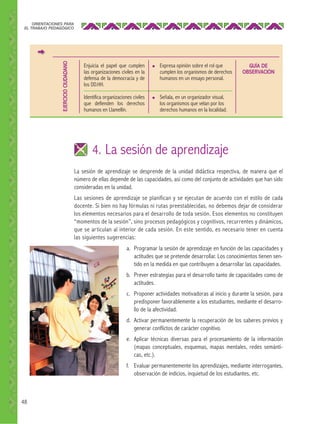 EJERCICIO CIUDADANO

ORIENTACIONES PARA
EL TRABAJO PEDAGÓGICO

Enjuicia el papel que cumplen
las organizaciones civiles en la
defensa de la democracia y de
los DD.HH.
Identifica organizaciones civiles
que defienden los derechos
humanos en Llamellín.

●

●

Expresa opinión sobre el rol que
cumplen los organismos de derechos
humanos en un ensayo personal.

GUÍA DE
OBSERVACIÓN

Señala, en un organizador visual,
los organismos que velan por los
derechos humanos en la localidad.

4. La sesión de aprendizaje
La sesión de aprendizaje se desprende de la unidad didáctica respectiva, de manera que el
número de ellas depende de las capacidades, así como del conjunto de actividades que han sido
consideradas en la unidad.
Las sesiones de aprendizaje se planifican y se ejecutan de acuerdo con el estilo de cada
docente. Si bien no hay fórmulas ni rutas preestablecidas, no debemos dejar de considerar
los elementos necesarios para el desarrollo de toda sesión. Esos elementos no constituyen
“momentos de la sesión”, sino procesos pedagógicos y cognitivos, recurrentes y dinámicos,
que se ar ticulan al interior de cada sesión. En este sentido, es necesario tener en cuenta
las siguientes sugerencias:
a. Programar la sesión de aprendizaje en función de las capacidades y
actitudes que se pretende desarrollar. Los conocimientos tienen sentido en la medida en que contribuyen a desarrollar las capacidades.
b. Prever estrategias para el desarrollo tanto de capacidades como de
actitudes.
c. Proponer actividades motivadoras al inicio y durante la sesión, para
predisponer favorablemente a los estudiantes, mediante el desarrollo de la afectividad.
d. Activar permanentemente la recuperación de los saberes previos y
generar conflictos de carácter cognitivo.
e. Aplicar técnicas diversas para el procesamiento de la información
(mapas conceptuales, esquemas, mapas mentales, redes semánticas, etc.).
f. Evaluar permanentemente los aprendizajes, mediante interrogantes,
observación de indicios, inquietud de los estudiantes, etc.

48

 