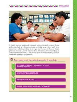 ÁREA DE FORMACIÓN
CIUDADANA Y CÍVICA

En el gráfico anterior se puede apreciar el campo de acción de cada tipo de estrategia. Mientras
que las estrategias de aprendizaje son controladas por el sujeto que aprende, en función de sus
propios ritmos y estilos de aprendizaje, las estrategias de enseñanza son mediadas por el sujeto
que enseña –el docente–, teniendo en cuenta, además de los estilos y ritmos de aprendizaje, las
condiciones que brinda el contexto y el estilo personal de cada docente. Para diseñar una sesión de
aprendizaje se puede seguir la siguiente ruta:

Ruta o pautas para la elaboración de una sesión de aprendizaje

1

SELECCIONAR LAS CAPACIDADES, CONOCIMIENTOS Y ACTITUDES
(aprendizajes esperados)

2

ANALIZAR LOS APRENDIZAJES ESPERADOS

3

ELABORAR LA SECUENCIA DIDÁCTICA

4

FORMULAR LOS INDICADORES PARA EVALUAR LOS APRENDIZAJES

51

 