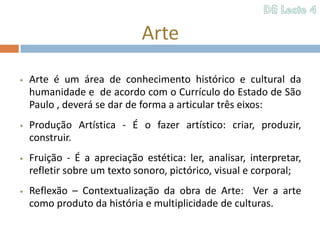 Arte

   Arte é um área de conhecimento histórico e cultural da
    humanidade e de acordo com o Currículo do Estado de São
    Paulo , deverá se dar de forma a articular três eixos:
   Produção Artística - É o fazer artístico: criar, produzir,
    construir.
   Fruição - É a apreciação estética: ler, analisar, interpretar,
    refletir sobre um texto sonoro, pictórico, visual e corporal;
   Reflexão – Contextualização da obra de Arte: Ver a arte
    como produto da história e multiplicidade de culturas.
 