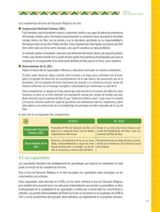 11
ÁREA DE
EDUCACIÓN RELIGIOSA
4.2 Las capacidades
Las capacidades describen más detalladamente los aprendizajes que lograrán los estudiantes en cada
grado, en función de las competencias del área.
Para el área de Educación Religiosa en el nivel secundario, las capacidades están articuladas con los
conocimientos y las actitudes.
Estas capacidades están descritas en el DCN y en los textos referidos al área de Educación Religiosa,
pero también será necesario hacer una adecuada contextualización que permita su gradualidad, es decir,
el desagregado de la complejidad de las capacidades a medida que se desarrollen los conocimientos y
actitudes. Las grandes intencionalidades del Diseño Curricular se encuentran en los propósitos de la EBR al
2021 o en las características del egresado, desarrollándose, así, implícitamente en el propósito educativo.
Las competencias del área de Educación Religiosa son dos:
Comprensión Doctrinal Cristiana (CDC):
Estáorientadaaqueelestudianteconozca,comprenda,analiceyseacapazdeaplicarlasenseñanzas
del mensaje cristiano, para ir formando progresivamente su conciencia moral, buscando la sinceridad
consigo mismo, con Dios, con los demás y con la naturaleza, ejercitando así su responsabilidad y
libertad personal a la luz de la Palabra de Dios. Estas competencias están ligadas al proyecto que Dios
tiene sobre cada uno de los seres humanos, a los que Él considera sus hijos predilectos.
Es menester ayudar al estudiante a descubrir esta dimensión del misterio divino y de apoyarle gradual-
mente a que discierna desde la fe y acepte de buen grado esta experiencia de discipulado, para que se
constituya en corresponsable de la construcción del Reino de Dios aquí en la Tierra, como misionero.
Discernimiento de Fe (DF):
Implica el desarrollo de capacidades reflexivas y valorativas vivenciales en nuestros estudiantes.
Es decir, saber discernir, elegir y decidir entre lo bueno y lo mejor para confrontar con el Evan-
gelio y el ejemplo de Jesucristo los acontecimientos de la vida diaria y las situaciones que se le
presenten, con el propósito de tomar decisiones de acuerdo a su conciencia moral y actuar de
manera coherente con el mensaje evangélico, esforzándose por testimoniar su vida de fe.
Estas competencias se apoyan en la ley natural que está inscrita en el corazón de todos los seres
humanos, es decir, en la recta intención y la voluntad de caminar por sendas de verdad y de vida.
Quien descubre que la voluntad de Dios es que “todos los hombres vivan” y que vivan en armonía
y en gracia, entonces podrá ser capaz de garantizar una convivencia fraterna, respetuosa y sobre
todo abierta a la construcción de la sociedad bajo los principios morales emanados de la Ley de
Dios.
A cada ciclo le corresponden dos competencias:
VI CICLO VII CICLO:
Comprensión Doctrinal
Cristiana (CDC)
Discernimiento de Fe
(DF)
Profundiza el Plan de Salvación de Dios y lo
aplica en su actuación diaria con los demás,
respetando las diferencias.
Discierne y da testimonio de fe, en su comu-
nidad, comprometiéndose a seguir las ense-
ñanzas de Jesucristo y a trabajar con los de-
más en el anuncio y construcción del Reino.
Acoge en su vida la ley moral cristiana y uni-
versal del Mandamiento del Amor como ins-
trumento del Plan de Dios.
Da testimonio de ser amigo de Jesús, promo-
viendo las enseñanzas de la Doctrina Social
de la Iglesia.
 