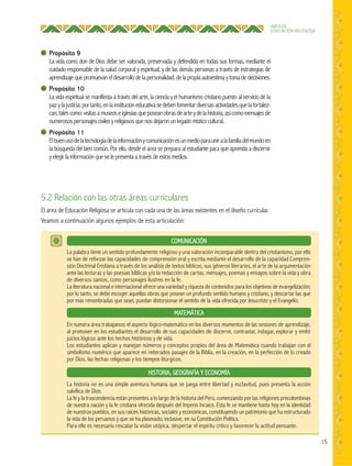 15
ÁREA DE
EDUCACIÓN RELIGIOSA
5.2 Relación con las otras áreas curriculares
El área de Educación Religiosa se articula con cada una de las áreas existentes en el diseño curricular.
Veamos a continuación algunos ejemplos de esta articulación:
Propósito 9
La vida como don de Dios debe ser valorada, preservada y defendida en todas sus formas, mediante el
cuidado responsable de la salud corporal y espiritual; y de las demás personas a través de estrategias de
aprendizajequepromuevaneldesarrollodelapersonalidad,delapropiaautoestimaytomadedecisiones.
Propósito 10
La vida espiritual se manifiesta a través del arte, la ciencia y el humanismo cristiano puesto al servicio de la
pazylajusticia;portanto,enlainstitucióneducativasedebenfomentardiversasactividadesquelafortalez-
can,talescomo:visitasamuseoseiglesiasqueposeanobrasdearteydelahistoria,asícomomensajesde
numerosospersonajescivilesyreligiososquenosdejaronunlegadomísticocultural.
Propósito 11
Elbuenusodelatecnologíadelainformaciónycomunicaciónesunmedioparauniralafamiliadelmundoen
la búsqueda del bien común. Por ello, desde el área se prepara al estudiante para que aprenda a discernir
yelegirlainformaciónqueselepresentaatravésdeestosmedios.
COMUNICACIÓN
MATEMÁTICA
HISTORIA, GEOGRAFÍA Y ECONOMÍA
La palabra tiene un sentido profundamente religioso y una valoración incomparable dentro del cristianismo, por ello
se han de reforzar las capacidades de comprensión oral y escrita mediante el desarrollo de la capacidad Compren-
sión Doctrinal Cristiana a través de los análisis de textos bíblicos, sus géneros literarios, el arte de la argumentación
ante las lecturas y las poesías bíblicas y/o la redacción de cartas, mensajes, poemas y ensayos sobre la vida y obra
de diversos santos, como personajes ilustres en la fe.
La literatura nacional e internacional ofrece una variedad y riqueza de contenidos para los objetivos de evangelización;
por lo tanto, se debe escoger aquellas obras que posean un profundo sentido humano y cristiano, y descartar las que
por más renombradas que sean, puedan distorsionar el sentido de la vida ofrecida por Jesucristo y el Evangelio.
En nuestra área trabajamos el aspecto lógico-matemático en los diversos momentos de las sesiones de aprendizaje,
al promover en los estudiantes el desarrollo de sus capacidades de discernir, contrastar, indagar, explorar y emitir
juicios lógicos ante los hechos históricos y de vida.
Los estudiantes aplican y manejan números y conceptos propios del área de Matemática cuando trabajan con el
simbolismo numérico que aparece en reiterados pasajes de la Biblia, en la creación, en la perfección de lo creado
por Dios, las fechas religiosas y los tiempos litúrgicos.
La historia no es una simple aventura humana que se juega entre libertad y esclavitud, pues presenta la acción
salvífica de Dios.
La fe y la trascendencia están presentes a lo largo de la historia del Perú, comenzando por las religiones precolombinas
de nuestra nación y la fe cristiana ofrecida después del Imperio Incaico. Esta fe se mantiene hasta hoy en la identidad
de nuestros pueblos, en sus raíces históricas, sociales y económicas, constituyendo un patrimonio que ha estructurado
la vida de los peruanos y que se ha plasmado, inclusive, en su Constitución Política.
Para ello es necesario rescatar la visión utópica, despertar el espíritu crítico y favorecer la actitud pensante.
 