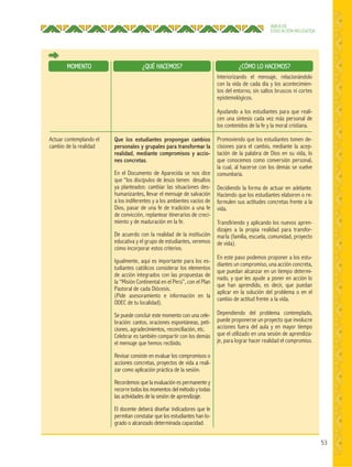53
ÁREA DE
EDUCACIÓN RELIGIOSA
¿QUÉ HACEMOS?MOMENTO ¿CÓMO LO HACEMOS?
Que los estudiantes propongan cambios
personales y grupales para transformar la
realidad, mediante compromisos y accio-
nes concretas.
En el Documento de Aparecida se nos dice
que “los discípulos de Jesús tienen desafíos
ya planteados: cambiar las situaciones des-
humanizantes, llevar el mensaje de salvación
a los indiferentes y a los ambientes vacíos de
Dios, pasar de una fe de tradición a una fe
de convicción, replantear itinerarios de creci-
miento y de maduración en la fe.
De acuerdo con la realidad de la institución
educativa y el grupo de estudiantes, veremos
cómo incorporar estos criterios.
Igualmente, aquí es importante para los es-
tudiantes católicos considerar los elementos
de acción integrados con las propuestas de
la “Misión Continental en el Perú”, con el Plan
Pastoral de cada Diócesis.
(Pide asesoramiento e información en la
ODEC de tu localidad).
Se puede concluir este momento con una cele-
bración: cantos, oraciones espontáneas, peti-
ciones, agradecimientos, reconciliación, etc.
Celebrar es también compartir con los demás
el mensaje que hemos recibido.
Revisar consiste en evaluar los compromisos o
acciones concretas, proyectos de vida a reali-
zar como aplicación práctica de la sesión.
Recordemos que la evaluación es permanente y
recorre todos los momentos del método y todas
las actividades de la sesión de aprendizaje.
El docente deberá diseñar indicadores que le
permitan constatar que los estudiantes han lo-
grado o alcanzado determinada capacidad.
Actuar contemplando el
cambio de la realidad
Interiorizando el mensaje, relacionándolo
con la vida de cada día y los acontecimien-
tos del entorno, sin saltos bruscos ni cortes
epistemológicos.
Ayudando a los estudiantes para que reali-
cen una síntesis cada vez más personal de
los contenidos de la fe y la moral cristiana.
Promoviendo que los estudiantes tomen de-
cisiones para el cambio, mediante la acep-
tación de la palabra de Dios en su vida, lo
que conocemos como conversión personal,
la cual, al hacerse con los demás se vuelve
comunitaria.
Decidiendo la forma de actuar en adelante.
Haciendo que los estudiantes elaboren o re-
formulen sus actitudes concretas frente a la
vida.
Transfiriendo y aplicando los nuevos apren-
dizajes a la propia realidad para transfor-
marla (familia, escuela, comunidad, proyecto
de vida).
En este paso podemos proponer a los estu-
diantes un compromiso, una acción concreta,
que puedan alcanzar en un tiempo determi-
nado, y que les ayude a poner en acción lo
que han aprendido, es decir, que puedan
aplicar en la solución del problema o en el
cambio de actitud frente a la vida.
Dependiendo del problema contemplado,
puede proponerse un proyecto que involucre
acciones fuera del aula y en mayor tiempo
que el utilizado en una sesión de aprendiza-
je, para lograr hacer realidad el compromiso.
 