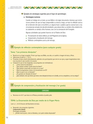 56
ORIENTACIONES PARA
EL TRABAJO PEDAGÓGICO
Ejemplos de estrategias sugeridas para el logro de aprendizajes
a. Estrategias Lectoras
Cuando se trabaja con un texto, ya sea bíblico o de algún documento, tenemos que cercio-
rarnos primero de que se haya comprendido su lectura; luego, se hace la reflexión acerca
de la intención del autor al escribirlo y si alguna frase o palabra aporta nuevas luces a las
circunstancias actuales de vida del estudiante, para desarrollar su sentido crítico desde la fe;
no solamente un sentido crítico humano, sino con la connotación del Evangelio.
Algunas actividades que pueden hacerse con la Palabra de Dios:
● Proclamación de textos bíblicos y/o del Magisterio de la Iglesia.
● Comprensión y focalización del mensaje.
● Reflexión contemplativa acerca del mensaje.
Ejemplo de reﬂexión contemplativa (para cualquier grado)
Ejemplo de comprensión y focalización del mensaje (1er grado)
Tema: “Los primeros discípulos”
TEMA: La Encarnación de Dios por medio de la Virgen María
● Reunirse en un lugar acogedor. Prever que haya una Biblia, una vela, un cuadrito o imagen de Jesús y María.
● Seleccionar el texto Jn. 1, 35-51.
● Presentar el texto y leerlo detenidamente, pidiendo a los participantes que cierren sus ojos y vayan imaginándose mien-
tras escuchan lo que sucede en la escena.
● Compartir lo que se han imaginado. (Las preguntas son orientadoras):
■ ¿Cómo serían los discípulos?
■ ¿Qué habrán sentido cuando Jesús los llamó?
■ ¿Qué habrán conversado con Jesús en su casa?
■ ¿Qué le preguntarías a Jesús si te encontraras con Él?
■ ¿Qué es para ti ser un discípulo?
■ ¿Te gustaría ser discípulo de Jesús?
■ ¿Qué actitudes crees que tienes que tomar como discípulo de Jesús en tu familia, con tus compañeros, con tus amigos?
Leen Lc.1, 26-30 Anuncio del Nacimiento de Jesús.
● Responde a las preguntas siguientes:
Comprensión textual
Personajes principales:
1. ¿Dónde vivía la joven, cómo se llamaba y con quién estaba desposada?
● Reconoce en el A.T. que Jesús es el Mesías prometido al pueblo judío.
CAPACIDAD
 
