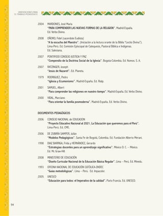94
ORIENTACIONES PARA
EL TRABAJO PEDAGÓGICO
2004 MARDONES, José María
“PARA COMPRENDER LAS NUEVAS FORMAS DE LA RELIGION”. Madrid-España.
Ed. Verbo Divino.
2008 OÑORO, Fidel (sacerdote Eudista)
“A la escucha del Maestro”. (Iniciación a la lectura orante de la Biblia “Lectio Divina”).
Lima-Perú. Ed. Comisión Episcopal de Catequesis, Pastoral Bíblica e Indígenas.
Ed. Salesiana.
2007 PONTIFICIO CONSEJO JUSTICIA Y PAZ
“Compendio de la Doctrina Social de la Iglesia”. Bogota-Colombia. Ed. Nomos. S. A.
2007 RATZINGER, Joseph
“Jesús de Nazaret”. Ed. Planeta.
1979 RODRIGUEZ, Pedro
“Iglesia y Ecumenismo”. Madrid-España. Ed. Rialp.
2001 SAMUEL, Albert
“Para comprender las religiones en nuestro tiempo”. Madrid-España. Ed. Verbo Divino.
2000 VIDAL, Marciano
“Para orientar la familia posmoderna”. Madrid-España. Ed. Verbo Divino.
DOCUMENTOS PEDAGÓGICOS
2006 CONSEJO NACIONAL de EDUCACION
“Proyecto Educativo Nacional al 2021, La Educación que queremos para el Perú”.
Lima-Perú. Ed. CME.
2006 DE ZUBIRÍA SAMPER, Julián
“Modelos Pedagógicos”. Santa Fe de Bogotá, Colombia. Ed. Fundación Alberto Merani.
1998 DIAZ BARRIGA, Frida y HERNÁNDEZ, Gerardo
“Estrategias docentes para un aprendizaje signiﬁcativo”. México D. C. – México.
Ed. Mc Graw-Hill.
2008 MINISTERIO DE EDUCACIÓN
“Diseño Curricular Nacional de la Educación Básica Regular”. Lima – Perú. Ed. Minedu.
1993 OFICINA NACIONAL DE EDUCACIÓN CATÓLICA-ONDEC
“Guías metodológicas”. Lima – Perú. Ed. Impacolor.
2005 UNESCO
“Educación para todos: el Imperativo de la calidad”. Paris-Francia. Ed. UNESCO.
 