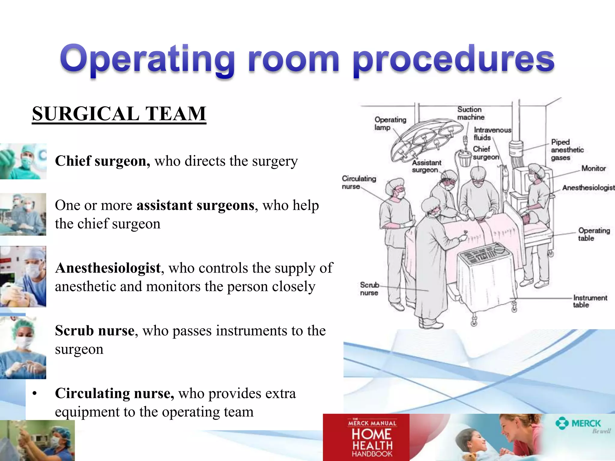 SURGICAL TEAM
•

Chief surgeon, who directs the surgery

•

One or more assistant surgeons, who help
the chief surgeon

•

Anesthesiologist, who controls the supply of
anesthetic and monitors the person closely

•

Scrub nurse, who passes instruments to the
surgeon

•

Circulating nurse, who provides extra
equipment to the operating team

 