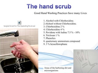 Good Hand Washing Practices Save many Lives
1. Alcohol with Chlorhexidine.
2.Alchool without Chlorhexidine.
3. Chlorhexidine 2 %
4. Chlorhexidine 4 %
5. Povidone with Iodine 7.5 % - 10%
6. Triclosan 1 %
7. Phenolics
8. quarternary ammonium compound
9. 3 % hexachlorophane

Areas of the harboring dirt and
microorganisms

 