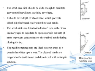 • The scrub area sink should be wide enough to facilitate
easy scrubbing without touching anywhere.
• It should have depth of about 3 feet which prevents

Incorrect

splashing of rebound water onto the clean hands.
• The scrub sinks are fitted with doctors’ taps, rather than
ordinary taps, to facilitate its operation with the help of
arms to prevent contamination of scrubbed hands during

closing the tap.
• The peddle operated taps are ideal in scrub areas as it
permits hand free operations. The cleaned hands are

mopped with sterile towel and disinfected with antiseptic
solution.

Correct
Design of the
washing sink

 