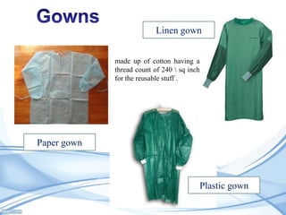 Linen gown
made up of cotton having a
thread count of 240  sq inch
for the reusable stuff .

Paper gown

Plastic gown

 