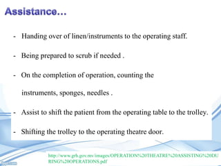 - Handing over of linen/instruments to the operating staff.
- Being prepared to scrub if needed .
- On the completion of operation, counting the
instruments, sponges, needles .
- Assist to shift the patient from the operating table to the trolley.
- Shifting the trolley to the operating theatre door.
http://www.grh.gov.mv/images/OPERATION%20THEATRE%20ASSISTING%20DU
RING%20OPERATIONS.pdf

 