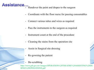 - Handover the paint and drapes to the surgeon
- Coordinate with the floor nurse for passing consumables
- Connect various tubes and wires as required
- Pass the instruments to the surgeon as required
- Instrument count at the end of the procedure
- Cleaning the stains from the operation site
- Assist in Surgical site dressing
- Re-gowning the patient
- De-scrubbing
http://www.grh.gov.mv/images/OPERATION%20THEATRE%20ASSISTING%20DU
RING%20OPERATIONS.pdf

 
