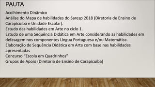 Acolhimento Dinâmico
Análise do Mapa de habilidades do Saresp 2018 (Diretoria de Ensino de
Carapicuíba e Unidade Escolar).
Estudo das habilidades em Arte no ciclo 1.
Estudo de uma Sequência Didática em Arte considerando as habilidades em
defasagem nos componentes Língua Portuguesa e/ou Matemática.
Elaboração de Sequência Didática em Arte com base nas habilidades
apresentadas
Concurso “Escola em Quadrinhos”
Grupos de Apoio (Diretoria de Ensino de Carapicuíba)
PAUTA
 