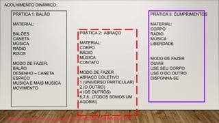 ACOLHIMENTO DINÂMICO:
PRÁTICA 1: BALÃO
MATERIAL:
BALÕES
CANETA
MÚSICA
RÁDIO
RISOS
MODO DE FAZER:
BALÃO
DESENHO – CANETA
ESPAÇO
MÚSICA E MAIS MÚSICA
MOVIMENTO
PRÁTICA 2: ABRAÇO
MATERIAL:
CORPO
RÁDIO
MÚSICA
CONTATO
MODO DE FAZER
ABRAÇO COLETIVO
1 (UNIVERSO PARTICULAR)
2 (O OUTRO)
4 (OS OUTROS)
6,7,8...(TODOS SOMOS UM
AGORA!)
PRÁTICA 3: CUMPRIMENTOS
MATERIAL:
CORPO
RÁDIO
MÚSICA
LIBERDADE
MODO DE FAZER
OUVIR
USE SEU CORPO
USE O DO OUTRO
DISPONHA-SE
https://www.youtube.com/channel/UCCEoxEQ4AdUd95IMQusx7FA
 