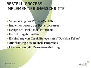 Process Suite - Von der
Modellierung bis zur
Ausführung
● Veränderung des Prozess-Modells
● Implementierung des Bestellprozesses
● Design des “Pick Oder” Formulars
● Einrichtung der Rollen
● Einbindung von Geschäftsregeln mit “Decision Tables”
● Ausführung des Bestell-Prozesses
● Überwachung der Prozess-Ausführung
BESTELL-PROZESS
IMPLEMENTIERUNGSSCHRITTE
 